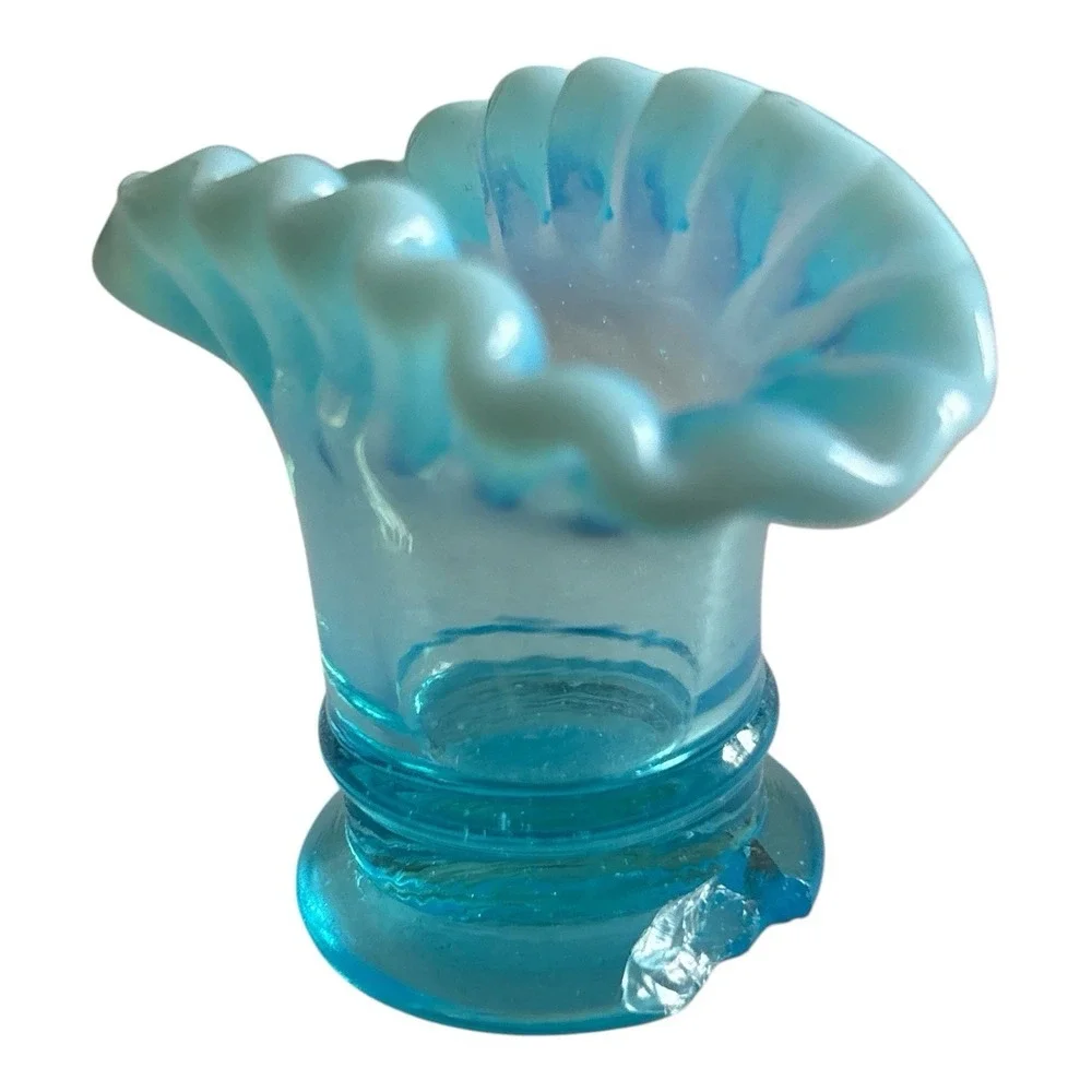 Pair Of Fenton Opalescent Blue Miniature Vases/ Toothpick Holders ,FLAWED SEE